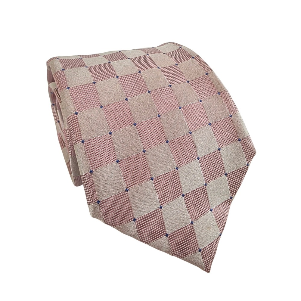 Henry Jacobson Mens Silk Tie Pink Silver Blue Geometric Checkered‎ Hand Made